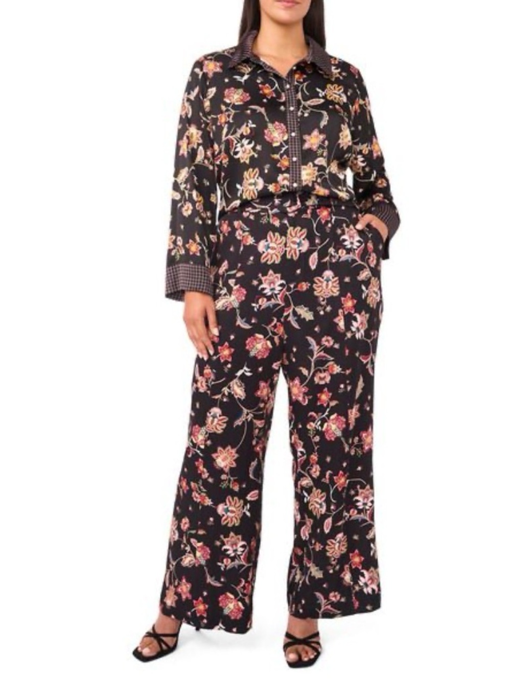 CeCe Black Floral Button-Down Shirt with Pink & Cream Accents - Picture 5 of 5